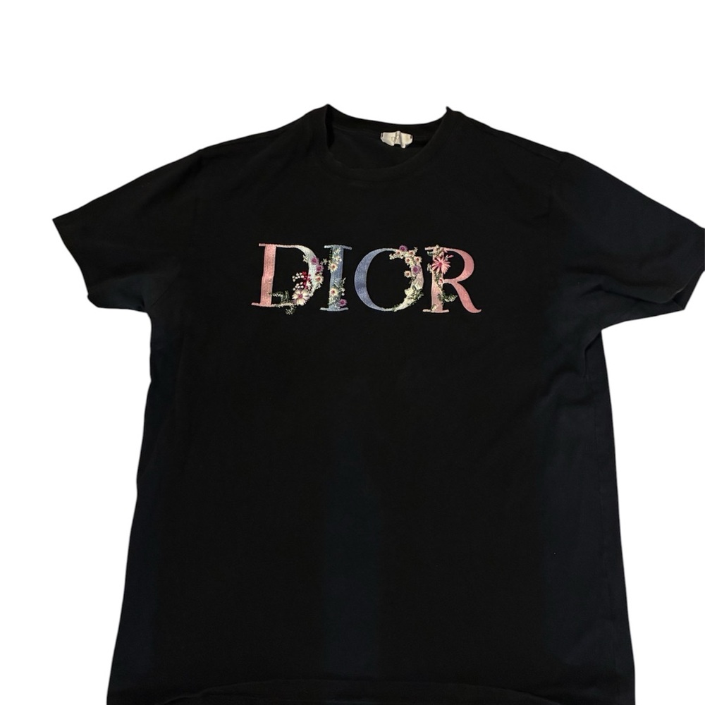 Dior Black Tee with Pastel Floral Logo